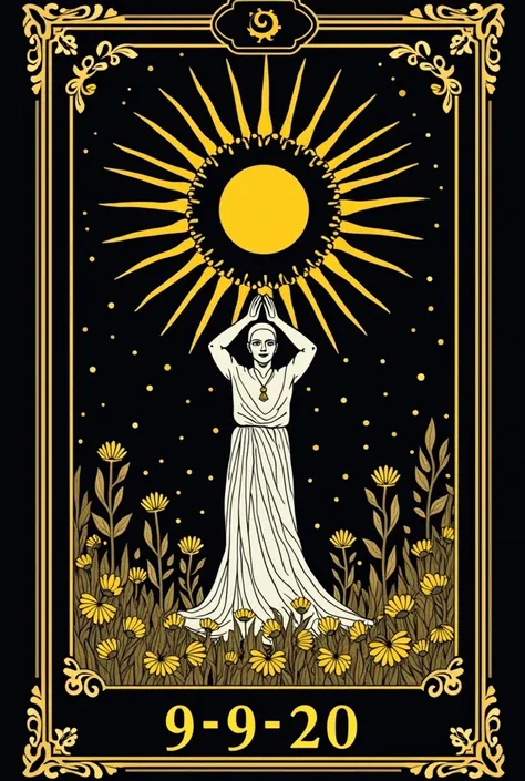  You need to make an image in the style of a tarot card . 
 Picture theme : Highest wisdom
The picture style should be: tarot card, a silk screen, naive art.

 The picture should have a double frame of yellow-gold straight lines 1 px .

 The picture should...