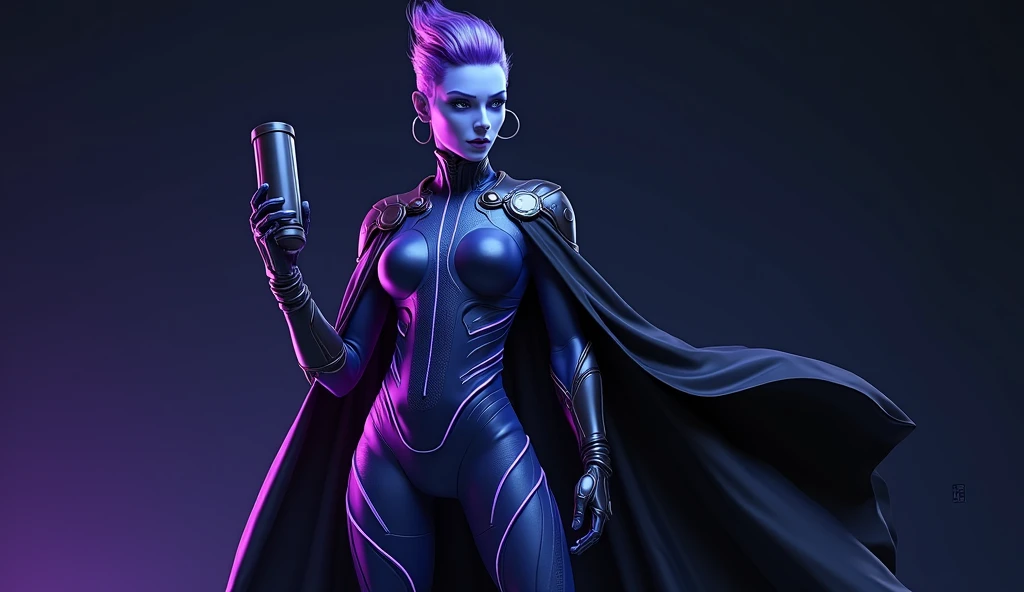 A highly realistic and detailed depiction of a futuristic superhero character inspired by Psiona, featuring a sleek, high-tech bodysuit in shades of deep blue and accents of vibrant purple. She wears a flowing black cape with sharp edges, adding a sense of...