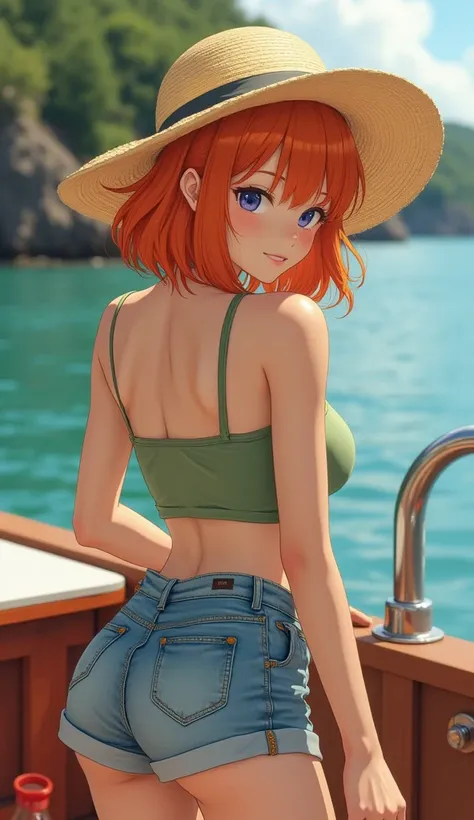 Big breast gorgeous young Japanese woman, short orange hair, green bra, denim short, straw hat, face hide under the hat, stan, galley. 