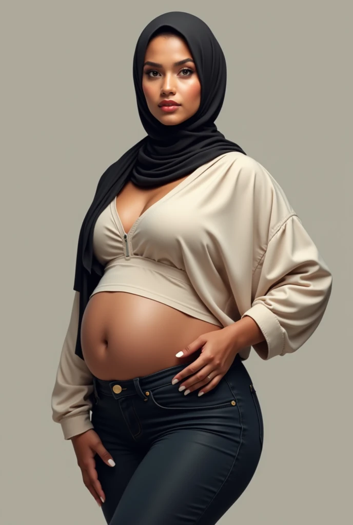 beautiful woman with a big belly in hijab,
wearing trendy clothes, wearing tight pants, beautiful face, curvy body, 