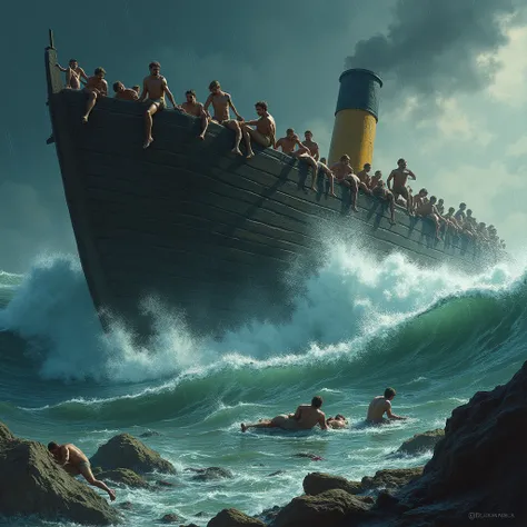 Generates a concept art style illustration for me. Lets imagine a dramatic scene of the flood, Noahs ark being carried away by the great waves and the humans and animals that seek refuge in the blankets are carried away by the fierce waves, their dead bodi...