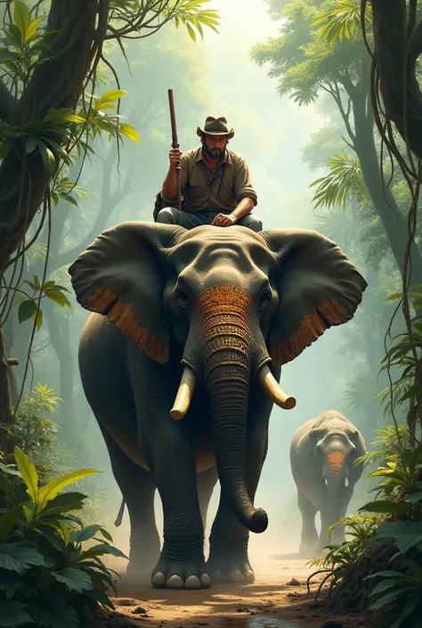 Create a realistic picture of man riding on elephant in jungle with animals here and there 