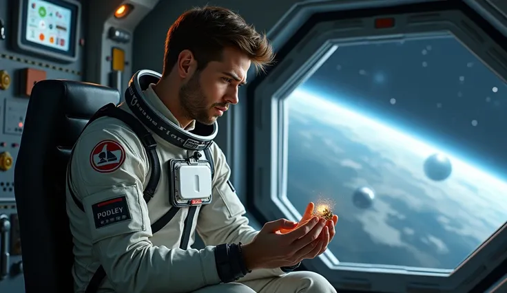 "A male engineer, early 30s, with short brown hair and brown eyes, wearing a fitted space engineer suit, sitting in a maintenance module aboard a space station. He holds a small, sentimental piece of jewelry in his hands, looking at it with a thoughtful ex...