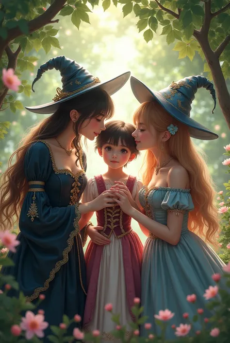 (masterpiece,  High Quality ,8K wallpaper),( 4 magical girl outfits seduce 1 young small aristocrat boy :80.0),( 4 magical girl outfits are 1 young and small Kissing an aristocrat boy on the cheek {x} 4 magical girl outfits surround and are in close contac...