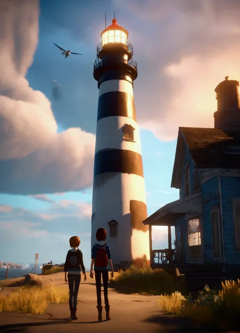 "Life is Strange" screenshot, 3DCG computer game developed by DONTNOD. Two high school girls, Max and Chloe, are in a rural town facing the Pacific Ocean in Oregon. Max has a short bob, Chloe is tall and has boyish short hair dyed blue and a grunge fashion...