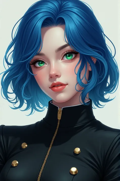 masterpiece top quality blue haired female green eyes black uniform 