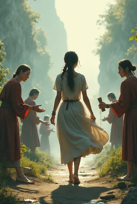 Image of a young woman with her back tied her hair , with skirt,  walking towards a goal where he has to cross obstacles- metaphor
And teachers around who help her, giving him water , tools
