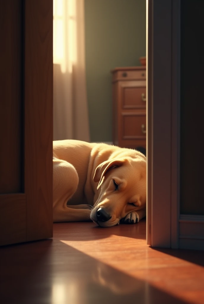 Peeking through a gap in the door, the dog is sleeping