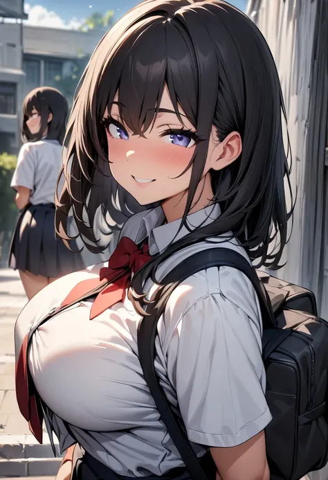 (  Masterpiece ,   best quality:1.2), 1 girl, Alone,  expressive eyes, Walk with a student bag on your shoulder,  Female College Student,  Short Black Hair , ((( Perfect Face Girl ))), Big tits uniform, smile, (from beside), (((cowboy shot)))