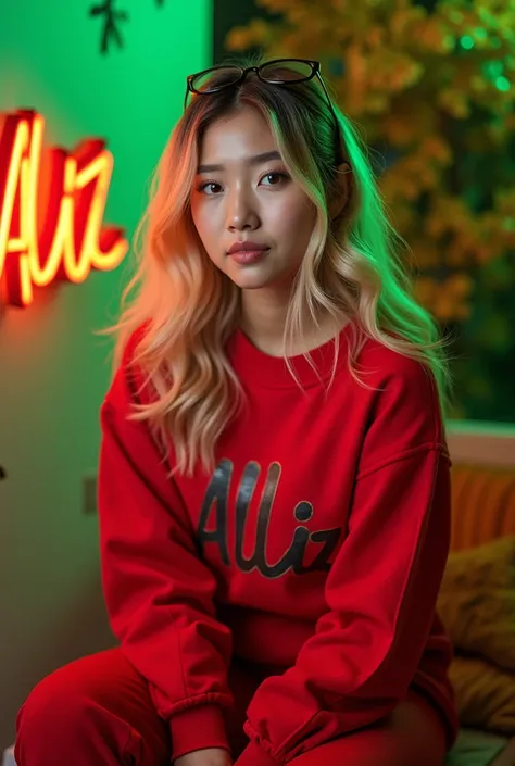 eautiful pilipina woman  she have blonde hair and blue eyes. She dons a striking red  outfit and wears a cute accessory. She sits gracefully beside a vibrant "Alliz" logo and a golden sakura. The sweatshirt reads "Alliz" in bold letters. The modern and sty...