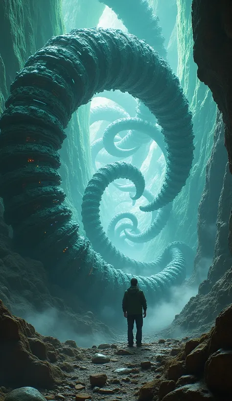 A surreal alien craft shaped like an enormous, biomechanical spiral. Inside, a man is surrounded by cyber-organic beings who channel his subconscious into intricate solutions that glow in the dreamlike ether