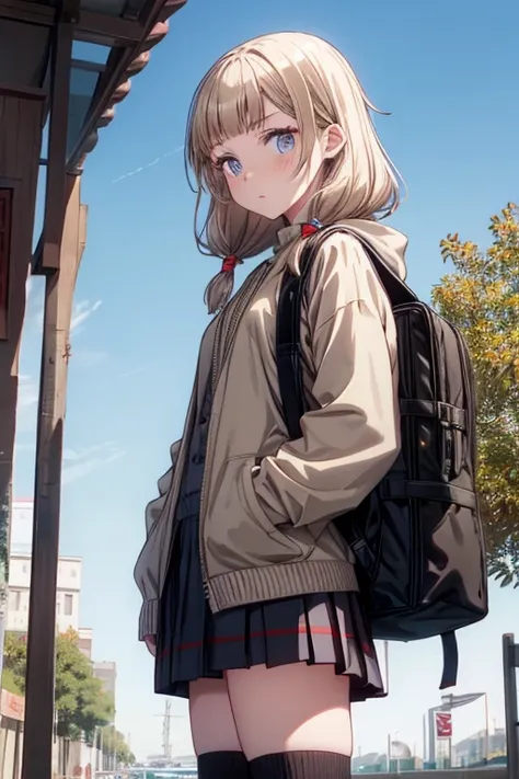 Prompt: Prompt: {(masterpiece), best quality, expressive eyes, perfect face, detailed guns, angry look, 1girl, (Chinese teen),backpack , ((Ak-47)), low ready, schoolgirl, school uniform, long brown hair, brown sweater, knee high socks, empty eyes, blood on...