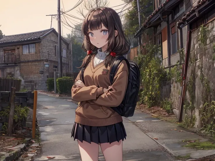 Prompt: Prompt: {(masterpiece), best quality, expressive eyes, perfect face, detailed guns, angry look, 1girl, (Chinese teen),backpack , ((Ak-47)), low ready, schoolgirl, school uniform, long brown hair, brown sweater, knee high socks, empty eyes, blood on...