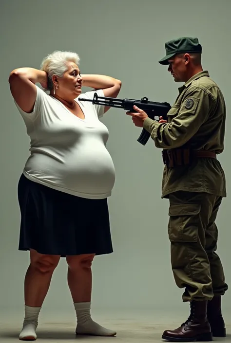 Woman 65 years old  , assez large ,  white short sleeve T-shirt with a big chest , cleavage,  hands behind her head  , black skirt  ,  leg slightly apart ,  de profile,   She stands in front of a soldier who plays with yours  ,  she puts her chest up in fr...