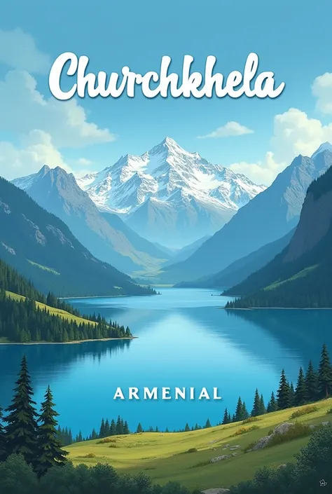   The label depicting the mountains and nature of Armenia :
       Create a label for  "Armenian churchkhela ",  which will depict the majestic mountain Lake Sevan and its surrounding mountains.  The labels background should be in cool blue and green shade...