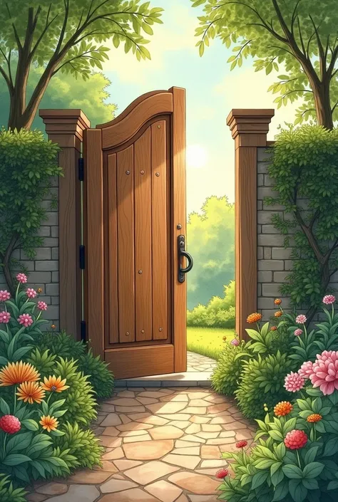 An enchanting scene from a backyard , drawn in watercolor in the style of a book  . in the image, There is a very shiny wooden gate 