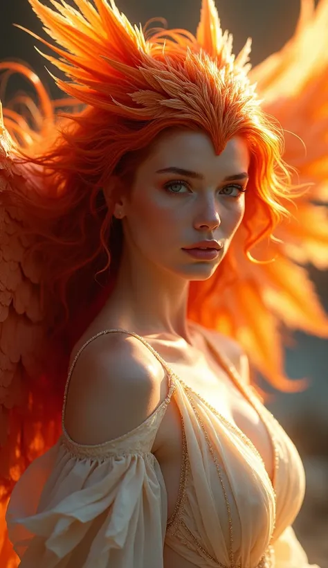 create a hybrid creature of a beautiful redheaded woman using a red caption and a white top with a phoenix, mixing her most striking features