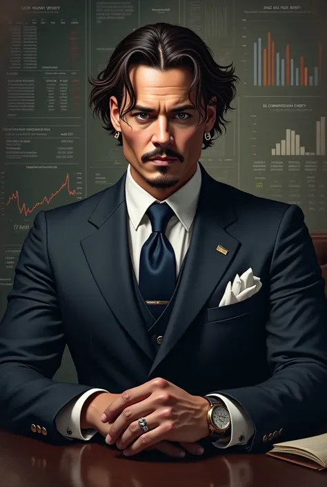 A portrait of Johnny Depp in a formal setting, exuding confidence and sophistication, with financial graphs in the background.