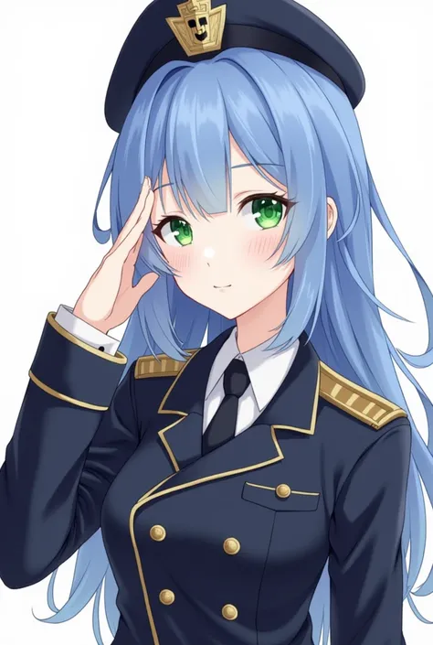 masterpiece, Top quality,  Blue Hair , shot, female,  Green Eyes,  Navy Conquest ,  beret , white skin, whole body, Saluting , 