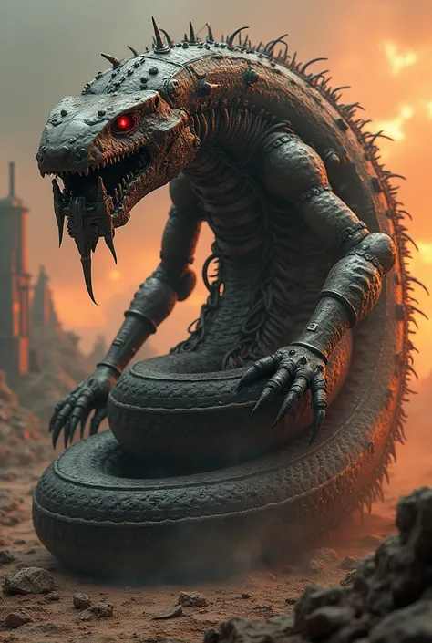 A monstrous hybrid creature combining features of a train and an anaconda. The body is a seamless blend of metallic train parts and serpentine scales, with the head of the anaconda fused with a trains front, complete with glowing red eyes and sharp metalli...