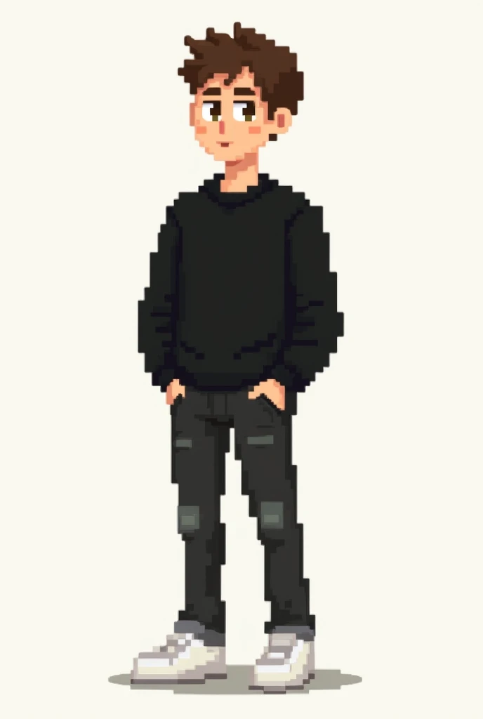  a white man pixel art version with black jeans and a black sweater and white shoes , with brown hair and brown eyes  