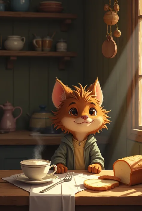  A cozy old kitchen with wooden furniture ,  there is a saucer of milk and a slice of bread on the table. near, in shades,  looks out in a simple : small, with shaggy hair, Brownie Kuzya ,  shirt with a cunning and kind smile .