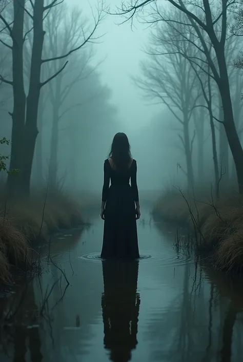 The atmosphere, the swamp, behind the fog, you can see a terrible forest, the ghosts, aesthetics, Filmmaking, Gothic, in the foreground is a girl ankle-deep in the water, she has a long fitted black dress , perfume 