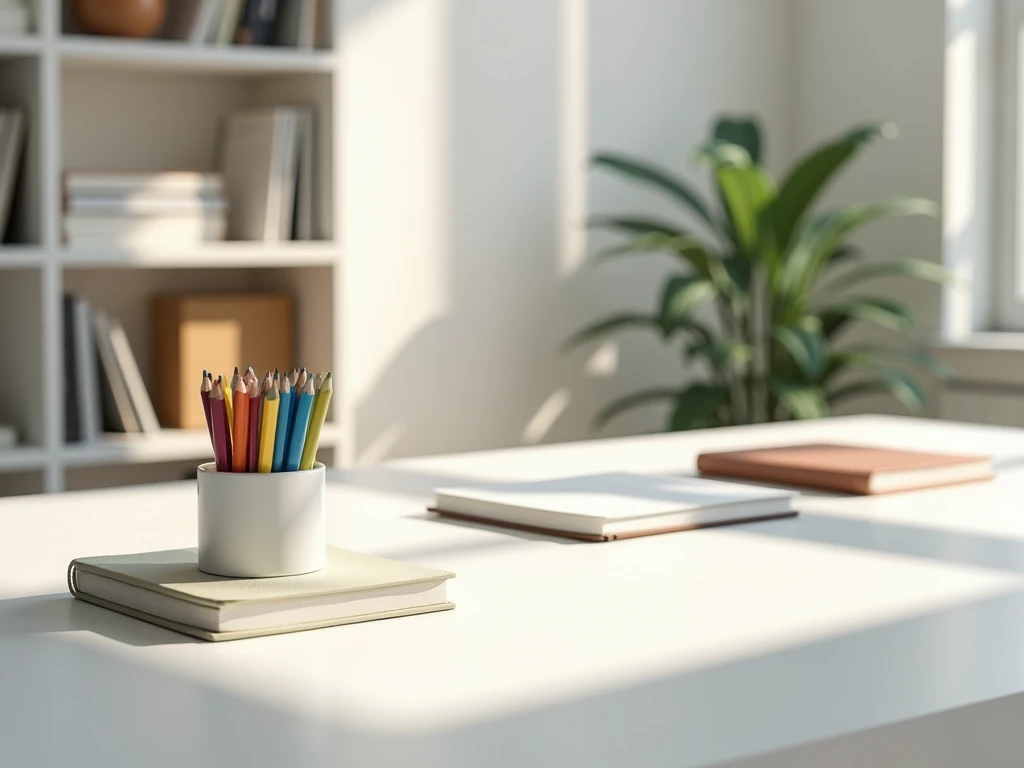 modern office desk, minimalist design, bright sunlight, books and notebooks, assorted colorful pens and pencils, soft shadows, white bookshelf background, cozy workspace, clean and organized, natural light
