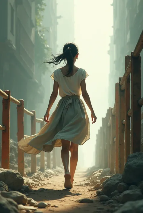 Image of a young woman with her back with her hair tied up and a skirt,  walking towards a goal where she has to cross obstacles- metaphor
