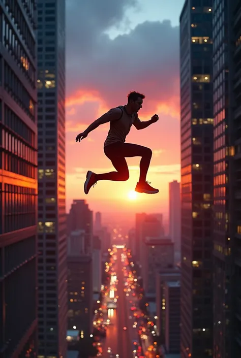 "A stunning, high-energy scene of a person in mid-air, performing an extreme parkour move between two skyscrapers during sunset. The city skyline is glowing with warm orange and pink hues, while the sky above transitions into deep blues and purples. Below,...