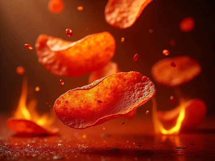 bag of spicy chips, floating potato chips, red chili peppers, flames, dynamic composition, vivid colors, dramatic lighting, product advertisement, high contrast, intense heat, motion effect
