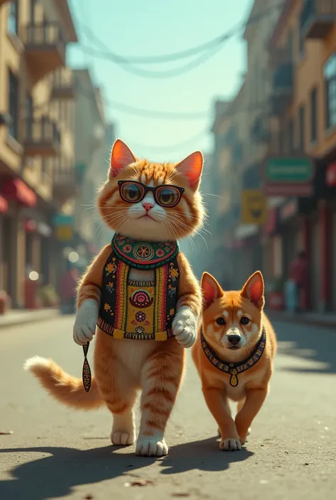 Imagine a hippie cat walking a dog down an empty street alone, there are no cars around