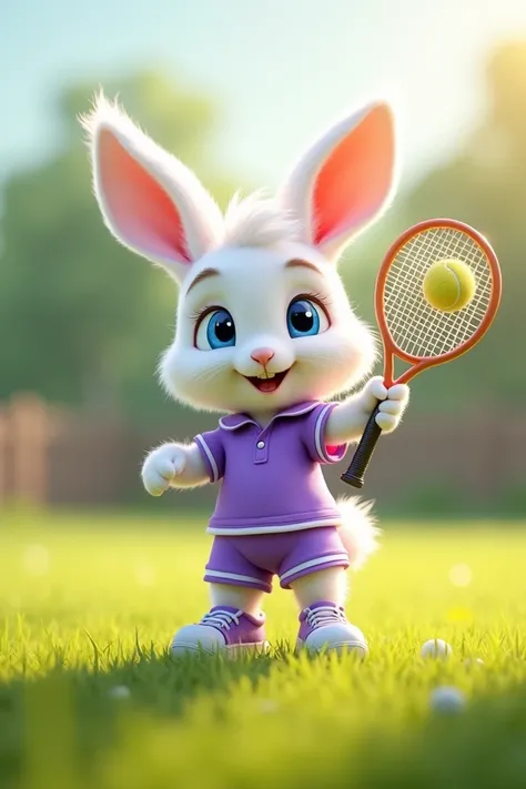 Cute white rabbit with blue eyes in natural style playing tennis on a sunny day, wearing purple tennis clothes, with bright green grass field and happy atmosphere