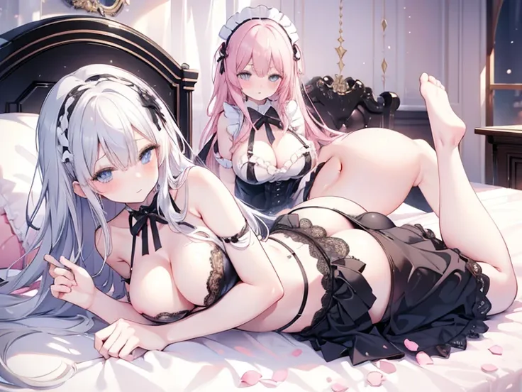 Big Breasts,Pink nipple ,maid outfit,Blue eyes ,Buttocks,room, black long hair,Sexy Girls,Cute style,Beautiful Legs,Black Lace Thong Pants,Flip Skirt 、clothing, lying in bed,legs spread,two girls,blush,front