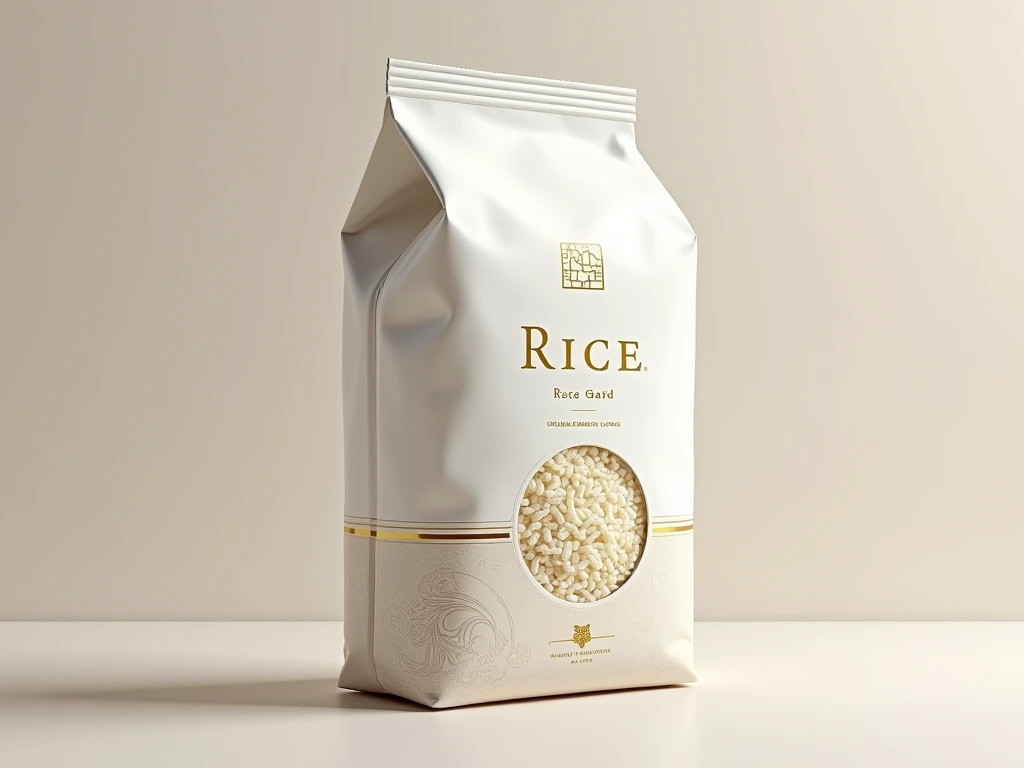 Rice packaging, modern design, elegant labels, detailed textures, white and gold color scheme, product branding, realistic lighting, neutral background, professional presentation.
