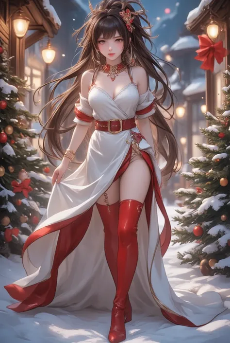 Fashion dresses by the latest designers that combine Christmas-related elements such as Santa Claus, reindeer, fir trees, and the Star of Bethlehem, red thigh-high boots, cool beauty, white shiny silky messy half updo, amorous and lewd expression, captivat...