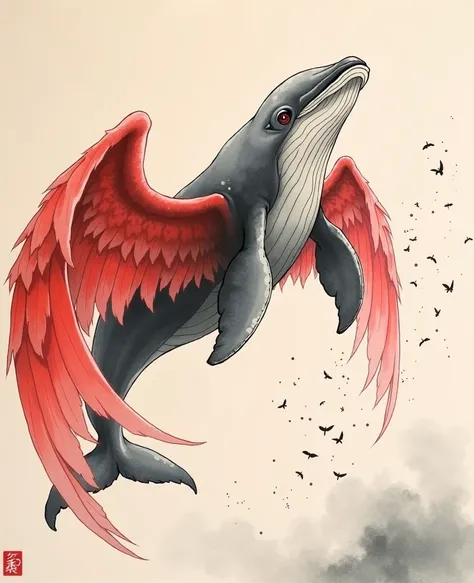 Ink Style，whale，With the wings of a bird，Clear details，Elegant and agile，head is up， red