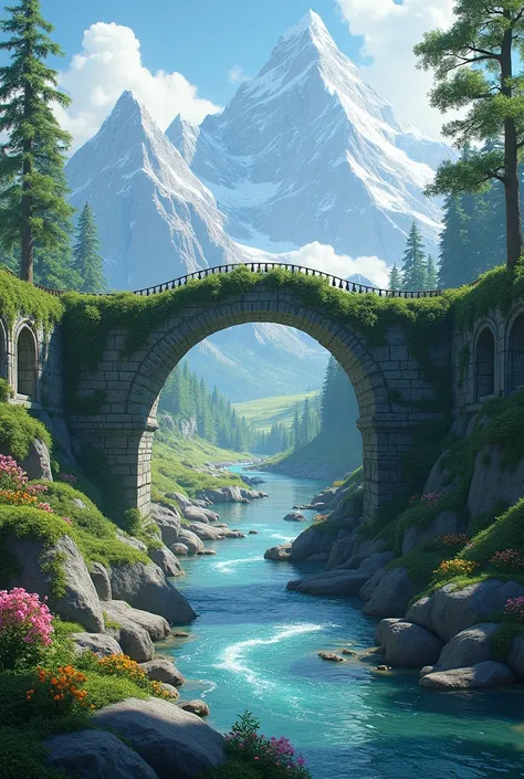 A fantasy landscape with a stone archway bridge over a river , surrounded by lush greenery and a mountainous background