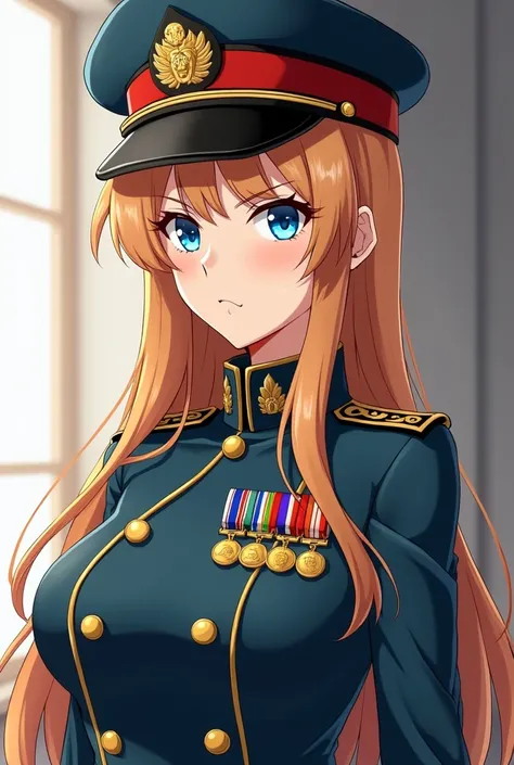 A middle-aged anime woman who wears tall leader clothes, long jackets, light skin, blue eyes, blond light auburn hair, many medals on her jackets, wearing a leaders hat, wearing a military hat with blunt hair, confident leader spirit, serious and slightly ...