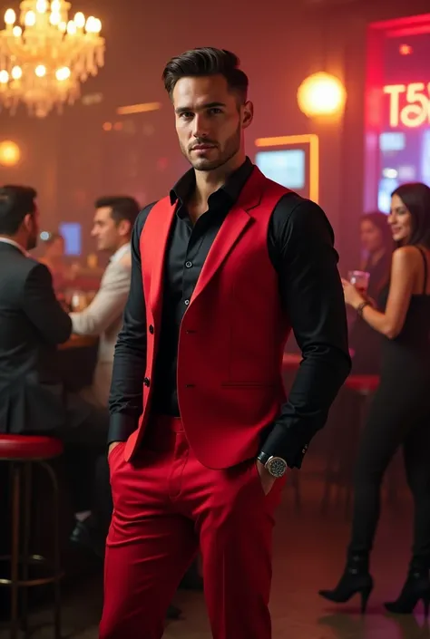 Claes BangWear red pants with a black shirt and a red vest to flirt with girls at the bar. 