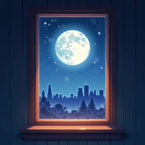 A small brown window looking out to a white giant moon with soft illuminating light coming from it through in a city with skyscapers, in a night sky with sparkling stars. Anime style landscape.