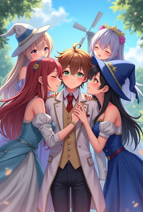 (masterpiece,  High Quality ,anime,8K wallpaper),( 4 magical girl outfits seduce 1 young small aristocrat boy :80.0),( 4 magical girl outfits are 1 young and small Kissing an aristocrat boy on the cheek {x} 4 magical girl outfits surround and are in close ...