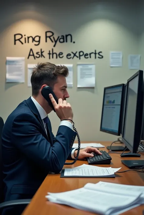 A manic financial expert answering the phones with 2 big monitors in front, lots of documents around, written on the wall big headline "Ring Ryan" and under it , smaller but vizible, "Ask the experts" cut wit 2 red lines showing that is not valid anymore s...