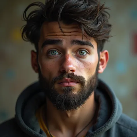 a young man with the features of a teenager with a saggy beard