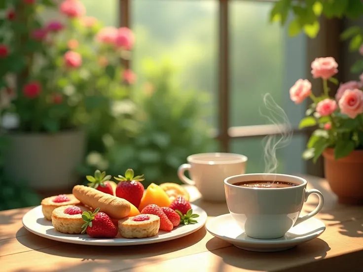 A small cup of coffee is placed on the right side of the table, and a plate of fruit and pastries is set next to the flower garden.