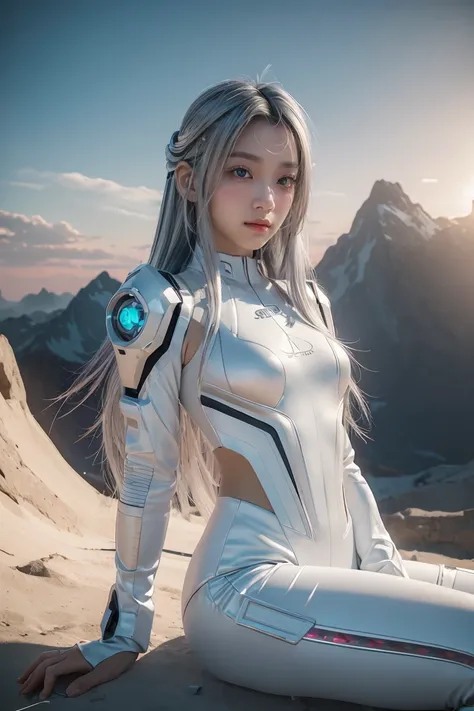 ((masterpiece, best quality, extremely detailed), volumetric lighting, ambient occlusion, colorful, glowing), 
1girl, solo, young girl, (silver hair), long hair, halo, aura, sacred, goddess, cyber suit, (white outfit:1.3), 
outdoors, sunset, sky, clouds, s...