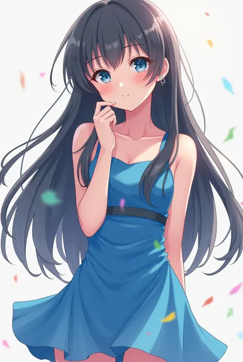  anime girl. 27 years old. Long dark grey hair .  Short blue party dress. 