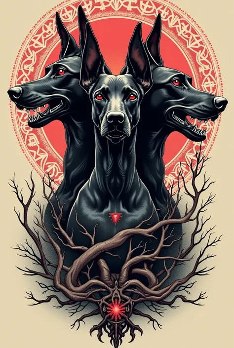 make a tattoo design with cerberus doberman and tree of life
