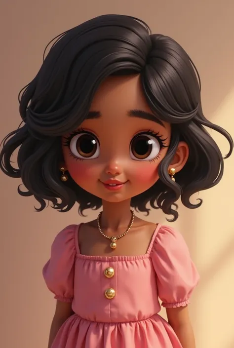 Two-year-old girl princess short wavy hair to the shoulders with a hoop mocha skin color body of a two-year-old girl who has no cleavage, black eyes, black eyebrows and black hair color and a slightly thin face.