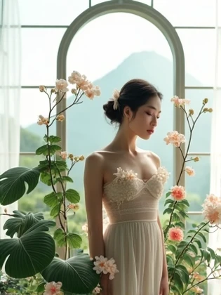 In a lush indoor garden、A Japanese woman is wearing a floral sheer top、 with breasts and soft flowers in the background in lush green mountains、 creates harmony between nature and beauty。